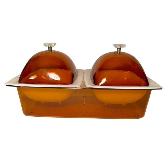 VTG Mid Century Amber/White Lucite Acrylic Double Domed Chiller Serving Dish EC - Picture 1 of 11